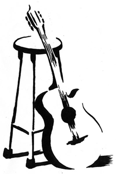 croquis d'une guitare adossée à un tabouret